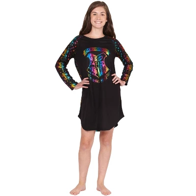 Harry Potter Girls Hogwarts Rainbow Hologram Raglan Nightgown Pajama Black 1 Harry Potter Girls Hogwarts Rainbow Hologram Raglan Nightgown Pajama Black