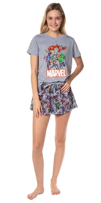 Marvel Womens' Classic Comic The Avengers Characters Pajama Set Shorts Grey