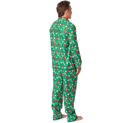 Peanuts Mens' Christmas Snoopy Charlie Brown Button Sleep Pajama Set Green 2 Peanuts Mens' Christmas Snoopy Charlie Brown Button Sleep Pajama Set Green - Image 2