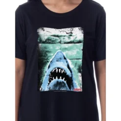 Jaws Womens' Film Movie Title Logo Distressed Nightgown Sleep Pajama Shirt Black