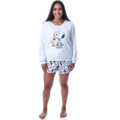 Peanuts Womens' Snoopy And Woodstock Sweater And Shorts Sleep Pajama Set White