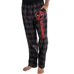 Marvel Mens' Deadpool Logo Plaid Lounge Pajama Pants Grey