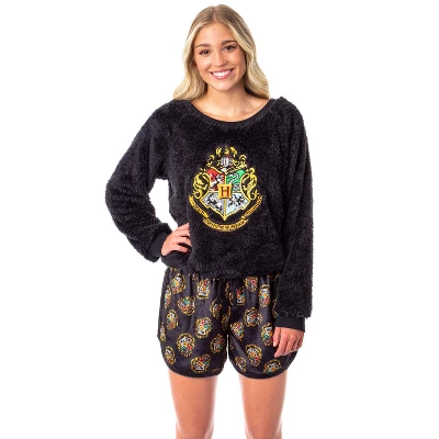 Harry Potter Womens' Hogwarts Crest Sweater And Shorts Sleep Pajama Set Black 6 Harry Potter Womens' Hogwarts Crest Sweater And Shorts Sleep Pajama Set Black - Image 6