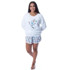 Disney Womens' Frozen Olaf Chill Mode Sweater And Shorts Sleep Pajama Set White