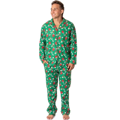 Peanuts Mens' Christmas Snoopy Charlie Brown Button Sleep Pajama Set Green 3 Peanuts Mens' Christmas Snoopy Charlie Brown Button Sleep Pajama Set Green - Image 3