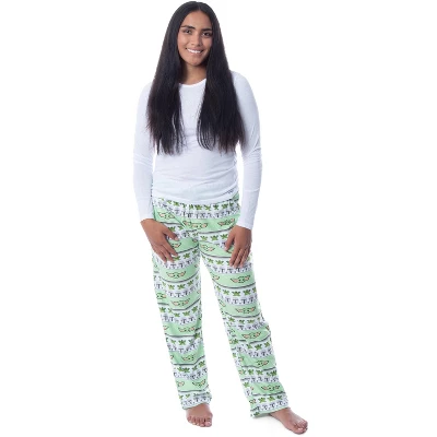 Star Wars Womens' The Mandalorian Baby Yoda Grogu Ugly Sweater Pajama Pants Green 3 Star Wars Womens' The Mandalorian Baby Yoda Grogu Ugly Sweater Pajama Pants Green - Image 3